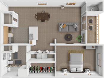 A 3D rendered image of a modern, minimalist apartment.
