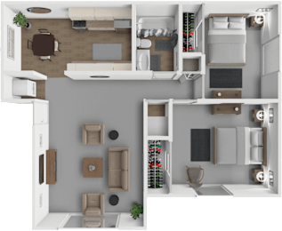 A 3D floor plan of a small apartment with a kitchen, living room, and bedroom.