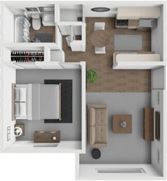 A 3D floor plan of a modern apartment with a kitchen, living room, and bathroom.
