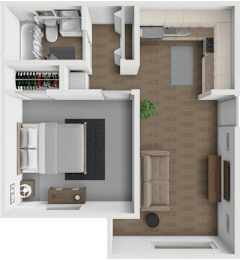 A top-down view of a modern apartment layout.