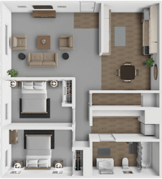 A 3D floor plan of a house with a living room, dining room, kitchen, and two bedrooms.
