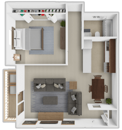 a conceptual rendering of a 1 bedroom apartment with a living room and a dining room