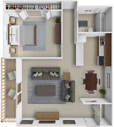 A top-down view of a modern apartment layout with a kitchen, living room, and dining area.
