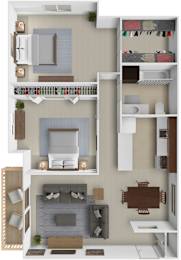 A 3D floor plan of a small apartment with a living room, kitchen, and bedrooms.