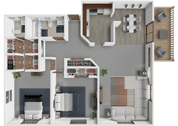A 3D floor plan of the Herring apartment floor plan with 2 bedrooms