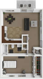 A 3D rendered image of a small apartment layout.