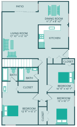 three bedroom two bathroom 1450 square feet floor plan