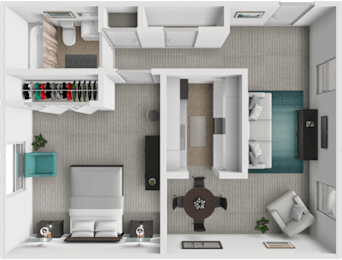 a 3d floor plan of a 1 bedroom 1 bathroom apartment that is 750 sq. ft.