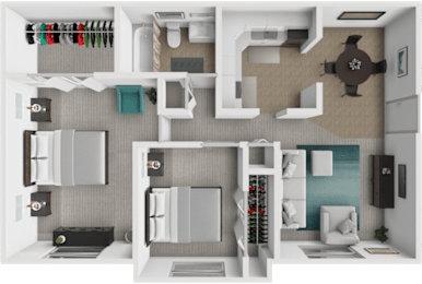 A 3D floor plan for a 2 bedroom 1 bathroom home