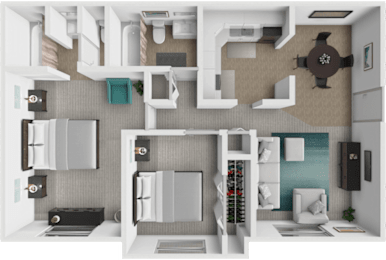 A 3D floor plan for a 2 bedroom 2 bathroom home with 1300 square feet.