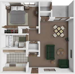 A 3D rendered image of a small apartment layout.