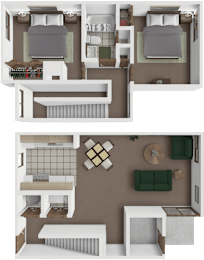 A floor plan of a two-bedroom apartment with a living room, kitchen, and bathroom.