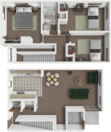 A 3D floor plan of a house with two bedrooms, a living room, a kitchen, and a bathroom.