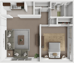 A modern, minimalist interior design of a small apartment with a kitchen, living room, and bedroom.