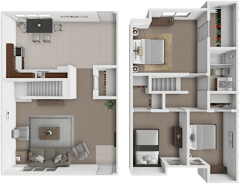A floor plan of a two-story apartment with a living room, kitchen, and bedrooms.