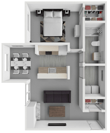A top-down view of a small, well-organized apartment with a bedroom, living room, and kitchen area.