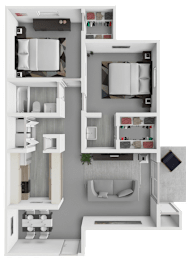 A 3D floor plan of a small apartment with a kitchen, living room, and bathroom.