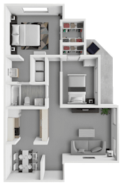 A 3D floor plan of a house with various rooms and furniture.