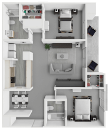 A top-down view of a small apartment with a kitchen, living room, and bedroom.