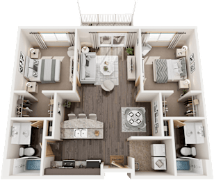 A top-down view of a small apartment layout with a living room, kitchen, and two bedrooms.