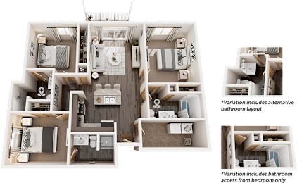 A diagram shows different layouts for a small apartment.