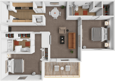A top-down view of a small apartment with a kitchen, living room, and bathroom.