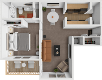 A top-down view of a modern apartment layout with a kitchen, living room, and bedroom.