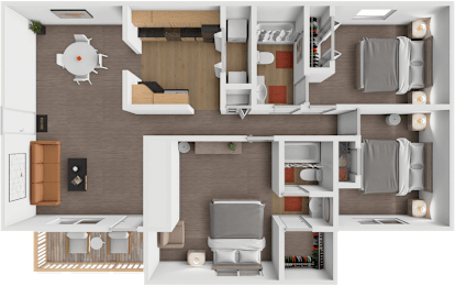 A top-down view of a modern apartment layout with a kitchen, living room, and bedrooms.