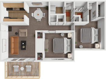 A top-down view of a modern apartment layout with a kitchen, living room, and bathroom.