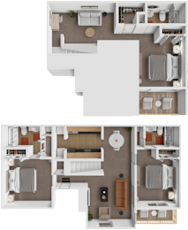 A top-down view of a two-bedroom apartment with a living room, kitchen, and bathroom.