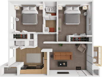 A 3D rendered image of a small apartment layout with two beds, a kitchen, a living room, and a bathroom.