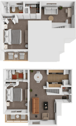 A floor plan of a two-story apartment with a living room, kitchen, and bedrooms.
