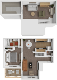 A top-down view of a two-story apartment layout.