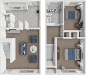 2 bed Paint townhome floor plan at Preston Oaks apartments