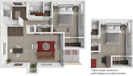 1 bed 1 bath floor plan with studio layout option