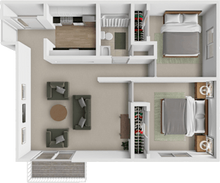 A 3D floor plan of a small apartment with a bedroom, living room, and kitchen.