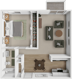 A top-down view of a small, neatly organized apartment with a bed, a couch, a chair, and a small kitchen area.