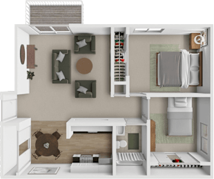 A 3D floor plan of a small apartment with a kitchen, living room, and bathroom.
