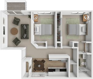 A 3D rendered image of a small apartment layout.