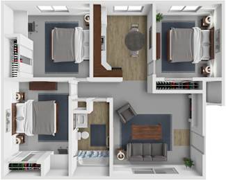 A 3D floor plan of a small apartment with a kitchen, living room, and bathroom.