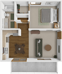 A 3D floor plan of a small apartment with a living room, kitchen, and bathroom.