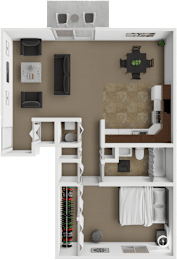 A 3D floor plan of a small apartment with a kitchen, living room, and bathroom.