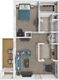 A 3D floor plan of a small apartment with a kitchen, living room, and bathroom.