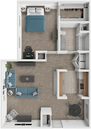 A floor plan of a small apartment with a bedroom, living room, and kitchen.