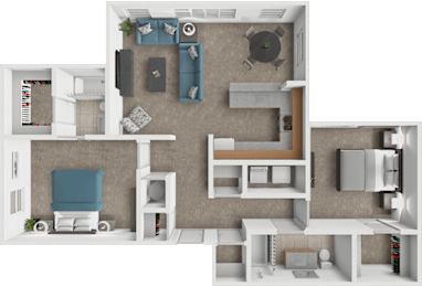 A top-down view of a small apartment layout with a living room, kitchen, and bedroom.
