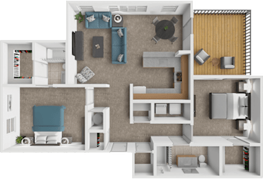 A top-down view of a modern apartment layout with a living room, kitchen, and bedroom.