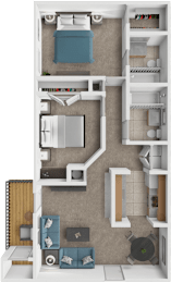 A top-down view of a small apartment layout with a kitchen, living room, and bedroom.