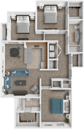 A top-down view of a house layout with a kitchen, living room, and bedrooms.