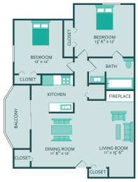 Floor Plan  two bedroom one bath floor plan with balcony at forest park apartments