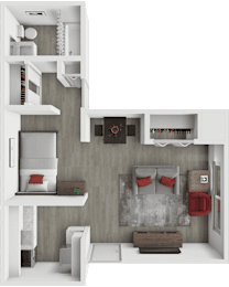 A 3D rendered image of a modern apartment layout.